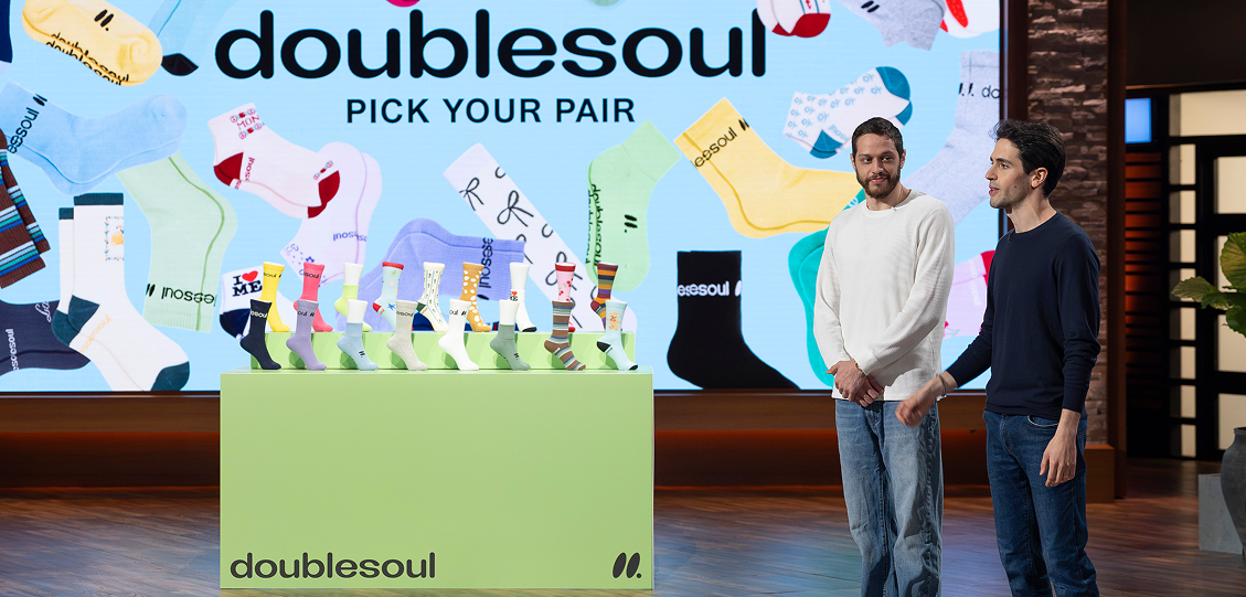 Ben Rosenbaum, Allison Strumeyer, and Pete Davidson pitching Doublesoul Socks on Shark Tank